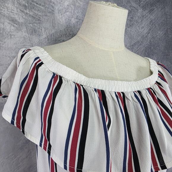 Express Romper Women Large White Stripe Off Shoulder Ruffle Belted Casual Jumper - Picture 3 of 16